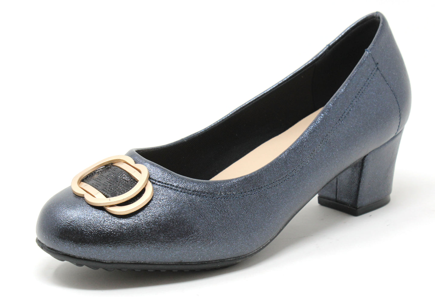 Blue shoe with a gold buckle on a white background