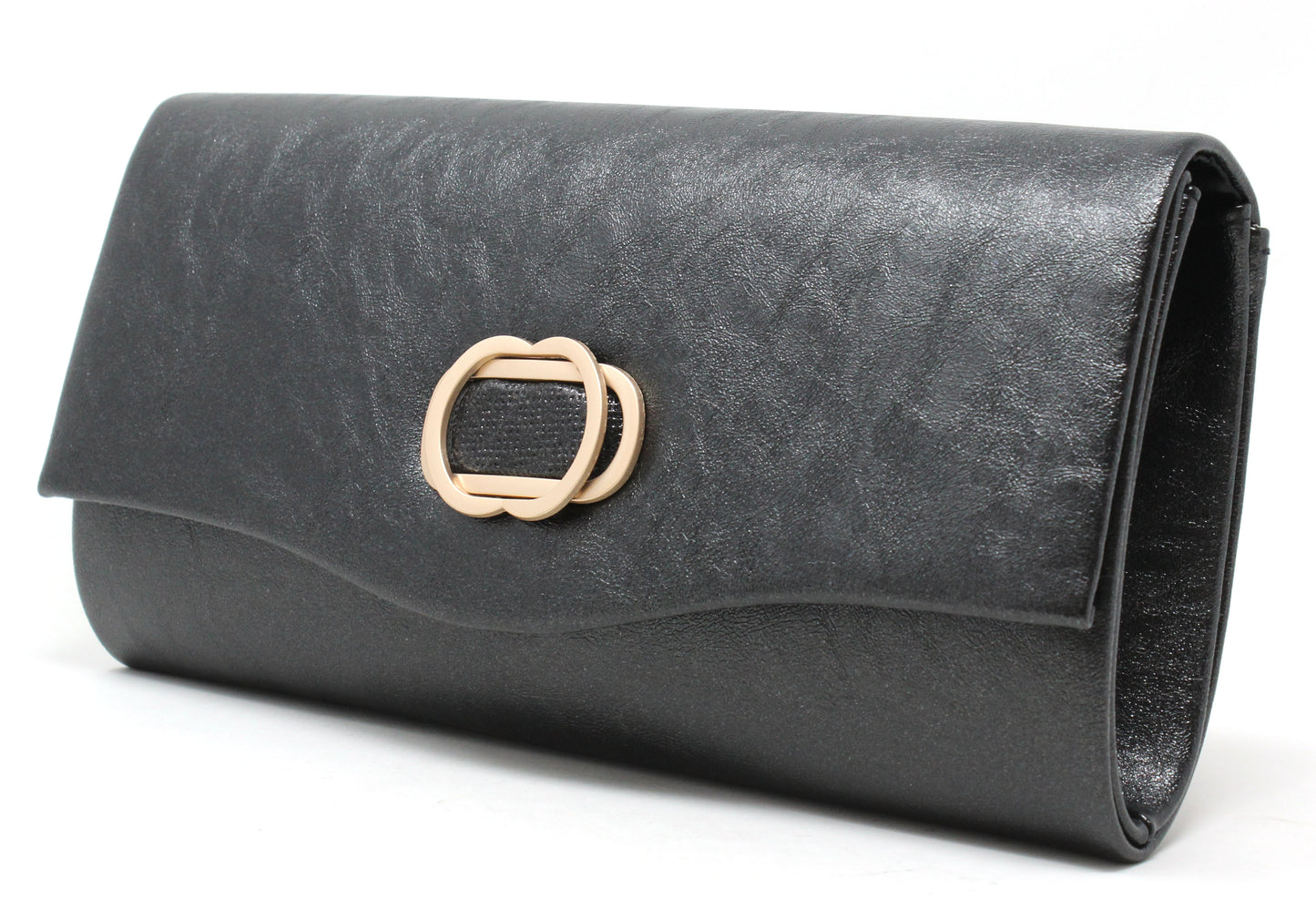 Black clutch bag with a gold clasp on a white background