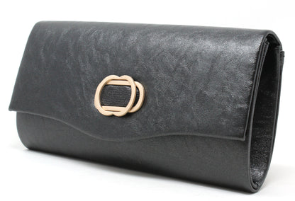 Black clutch bag with a gold clasp on a white background