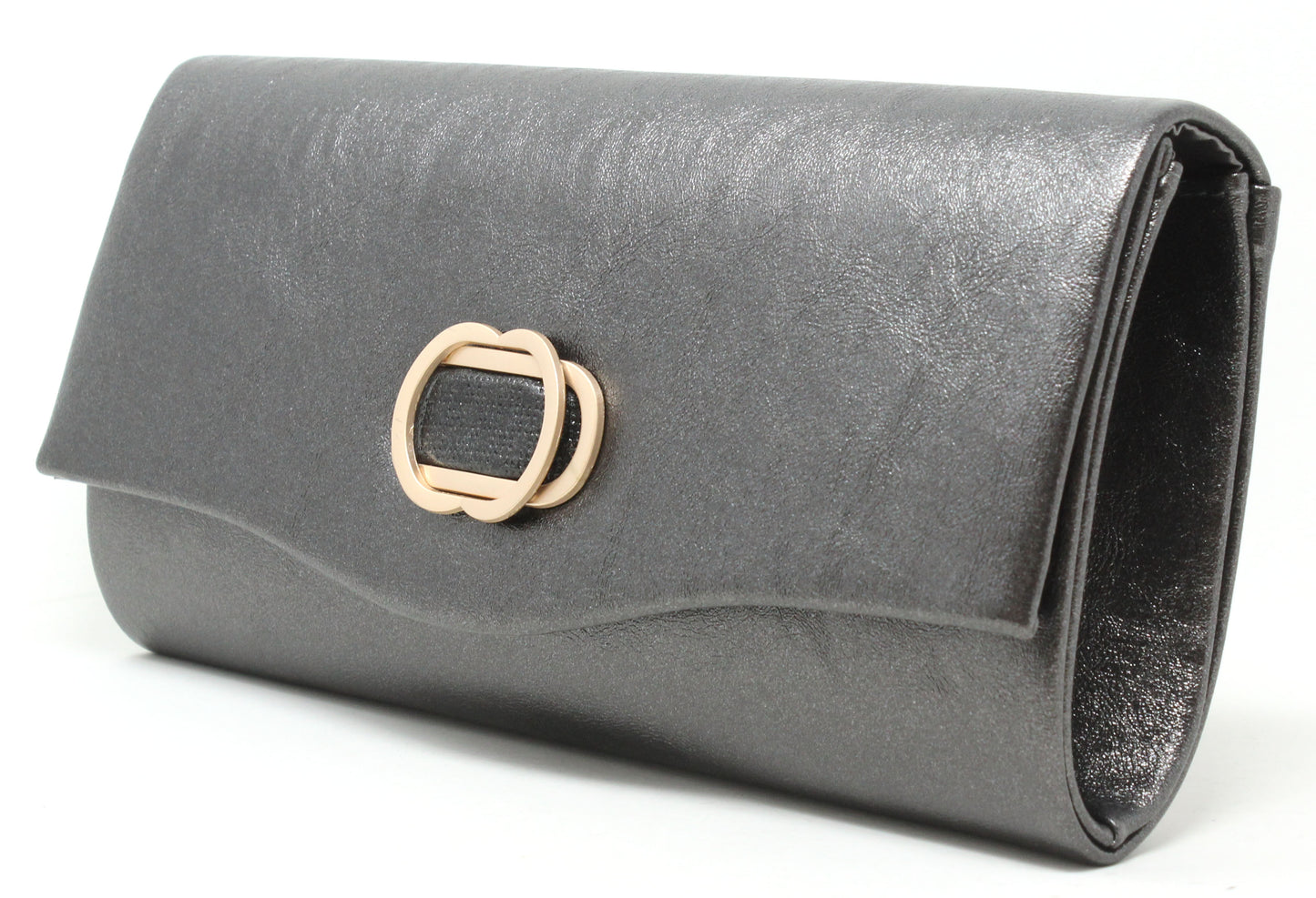 Silver clutch purse with a gold clasp on a white background