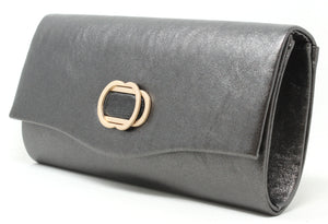 Silver clutch purse with a gold clasp on a white background