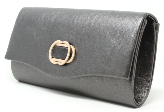 Black clutch bag with a gold clasp on a white background