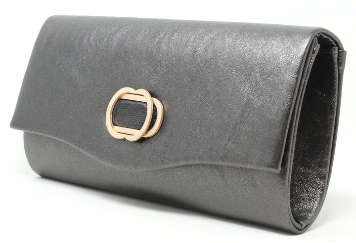 Silver clutch purse with a gold clasp on a white background