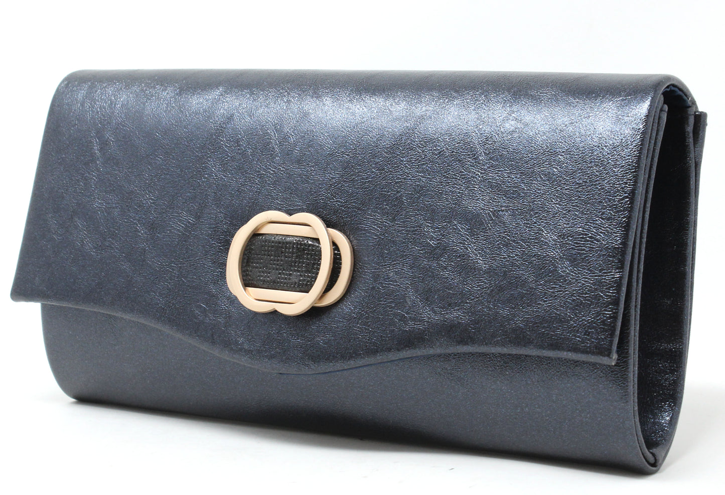 Blue clutch bag with a gold clasp on a white background