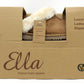 Cardboard box packaging for Ella memory foam slippers with a pair of slippers inside.