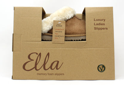 Cardboard box packaging for Ella memory foam slippers with a pair of slippers inside.