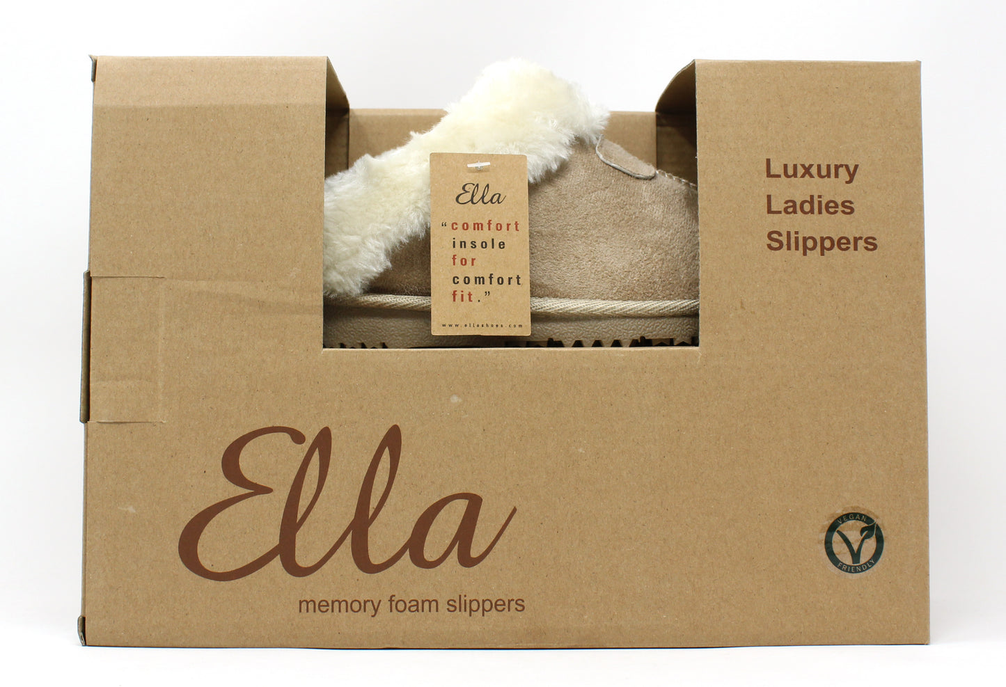 Box of Ella luxury ladies slippers with a visible brand logo.