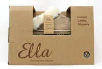 Box of Ella luxury ladies slippers with a visible brand logo.