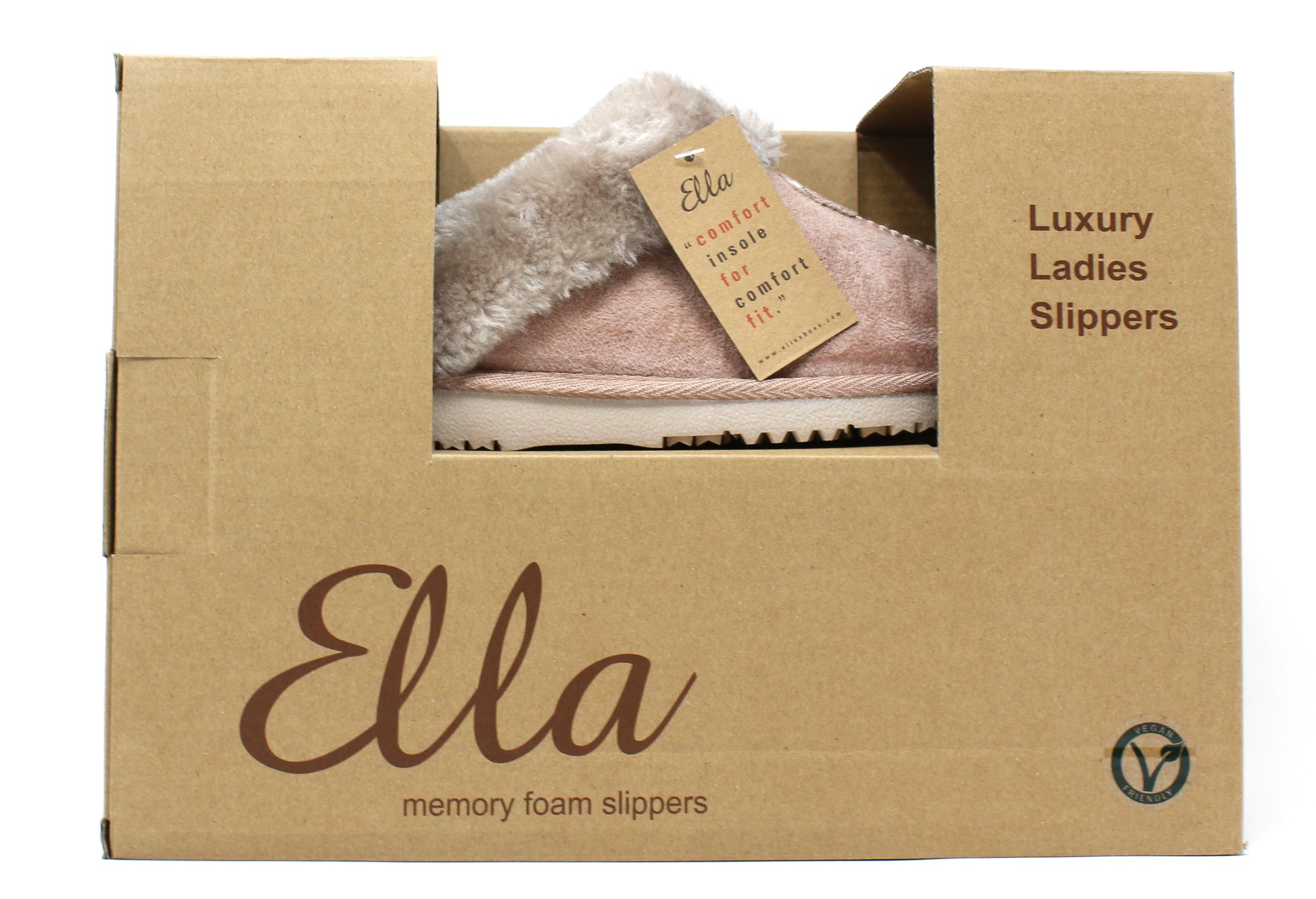 Ella memory foam slippers in a cardboard box with a visible tag.