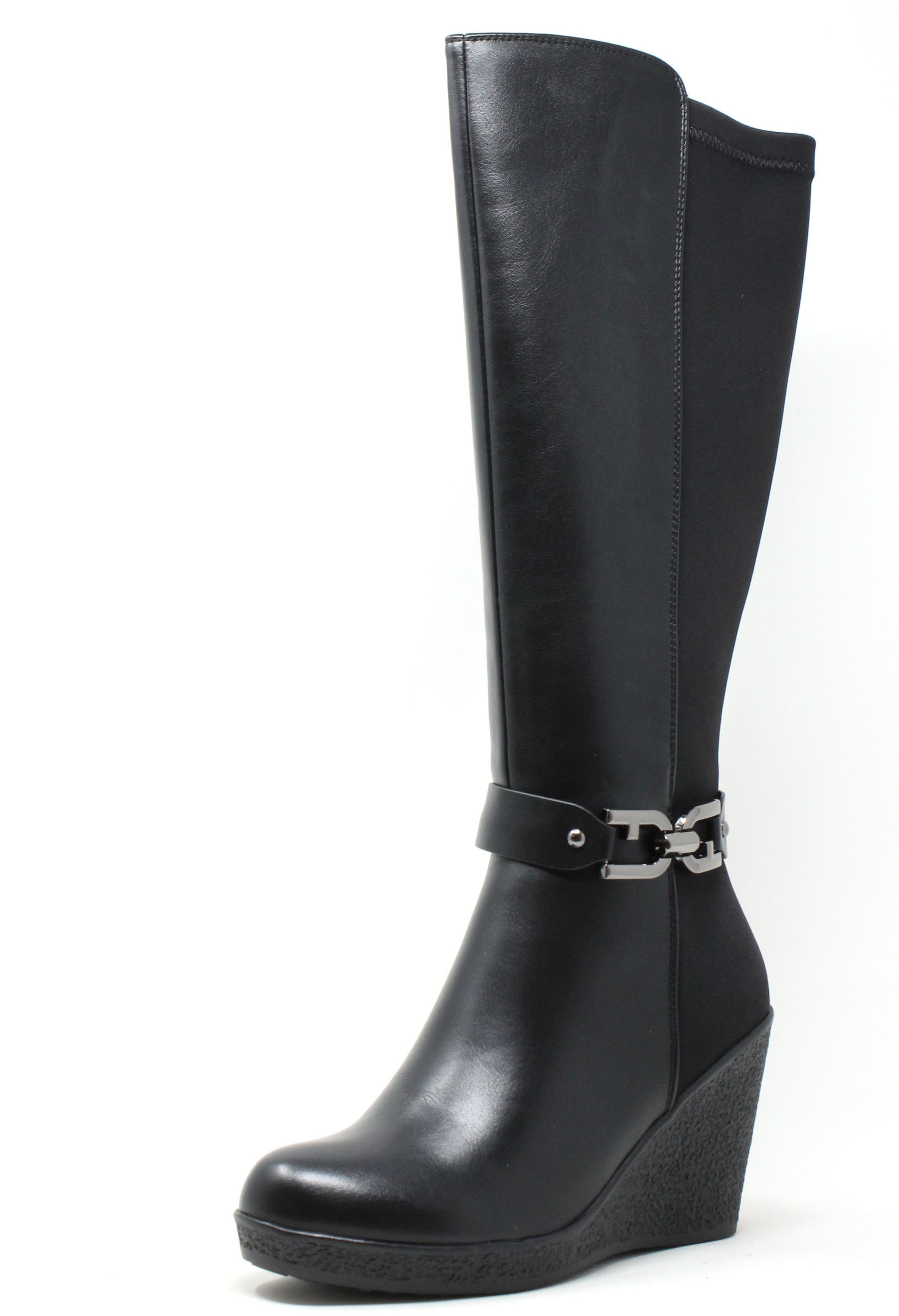 Black wedge boot with a silver buckle on a white background