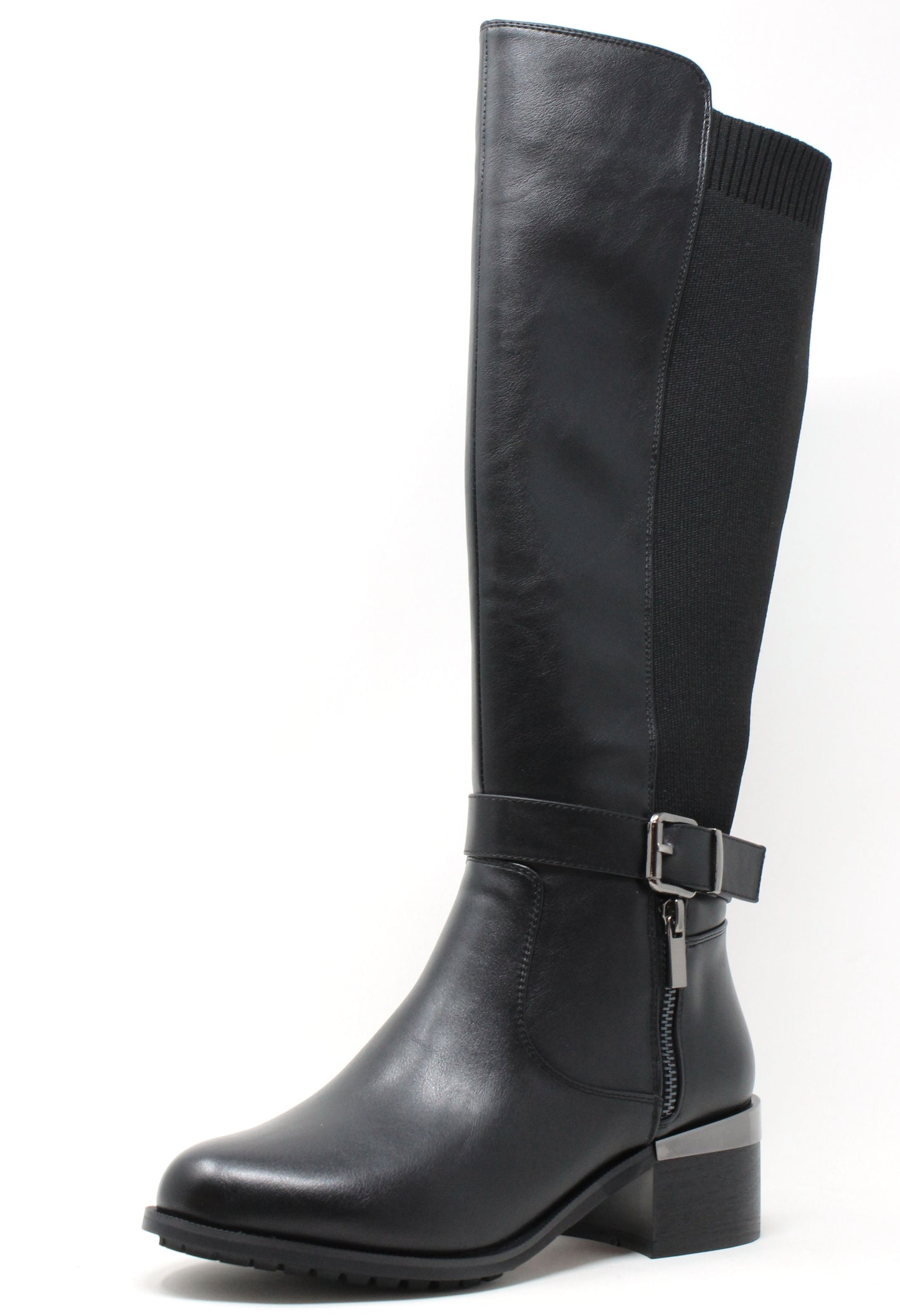 Black knee-high boot with a buckle on a white background