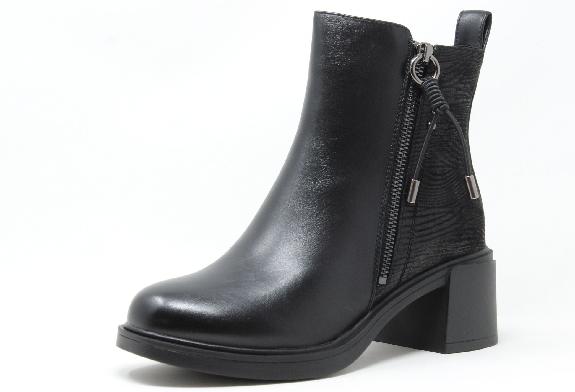 Black leather ankle boot with a zipper on a white background