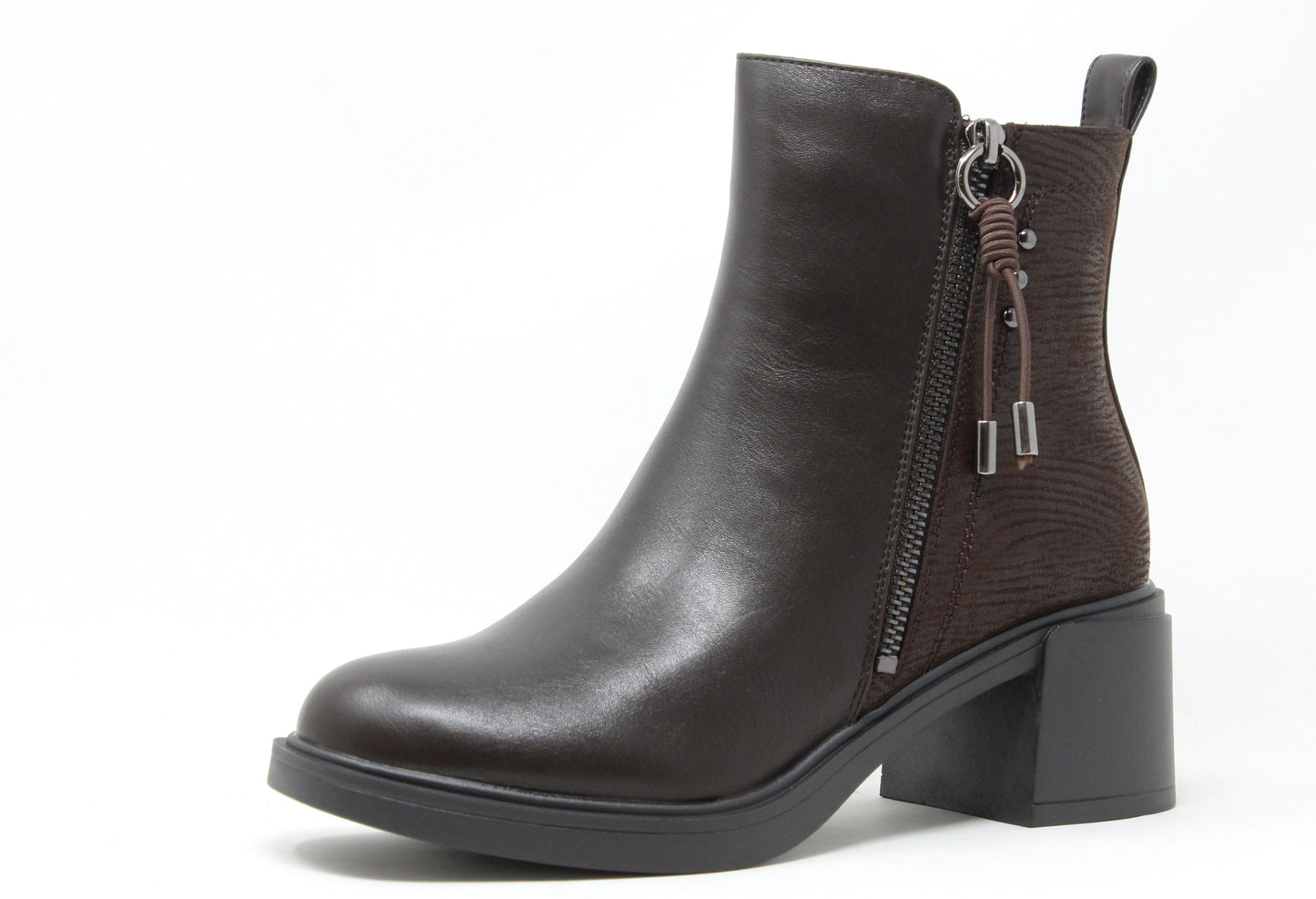 Brown leather ankle boot with a zipper on a white background