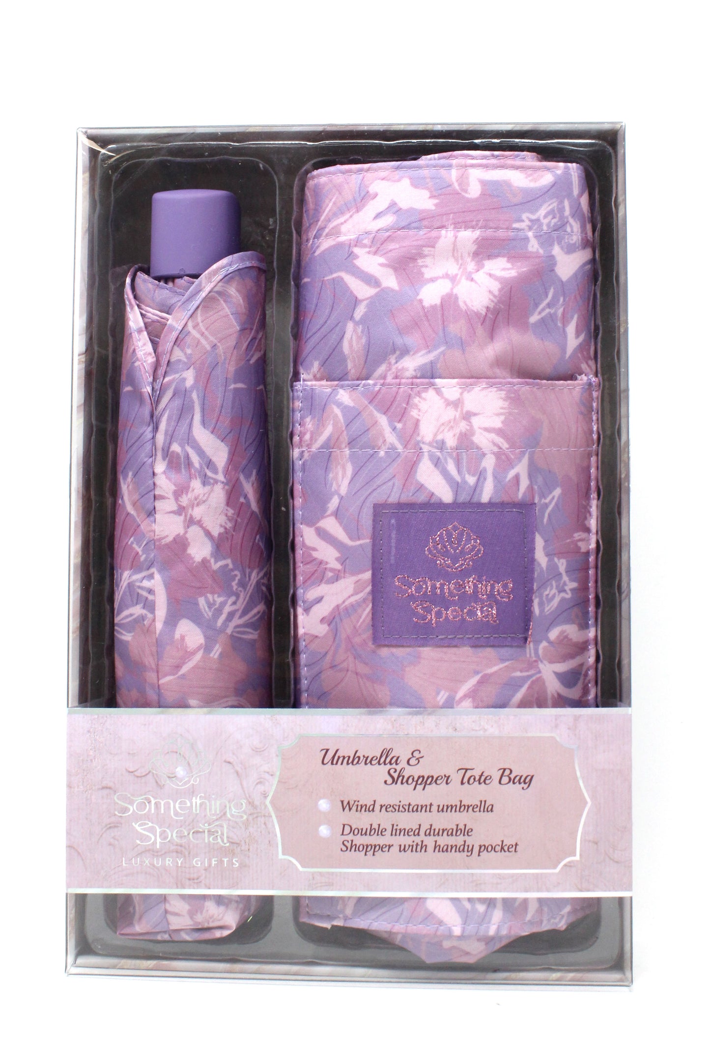 Set of floral umbrella and shopper tote bag in packaging with 'Someone Special' branding.