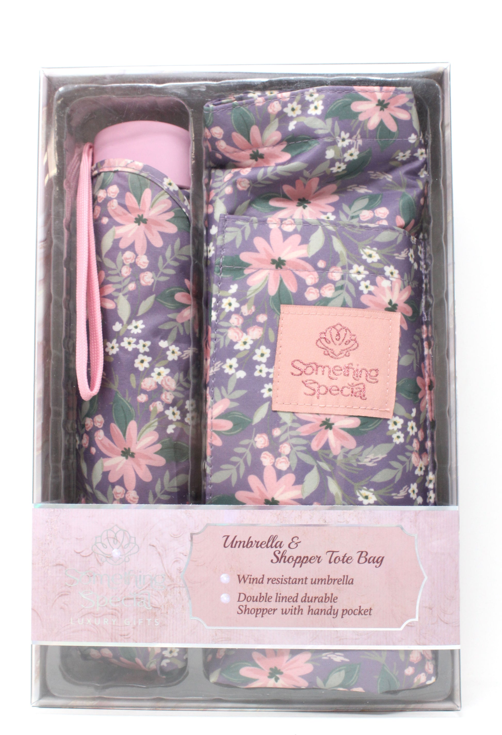 Floral umbrella and shopper tote bag set in packaging with 'Something Special' branding.