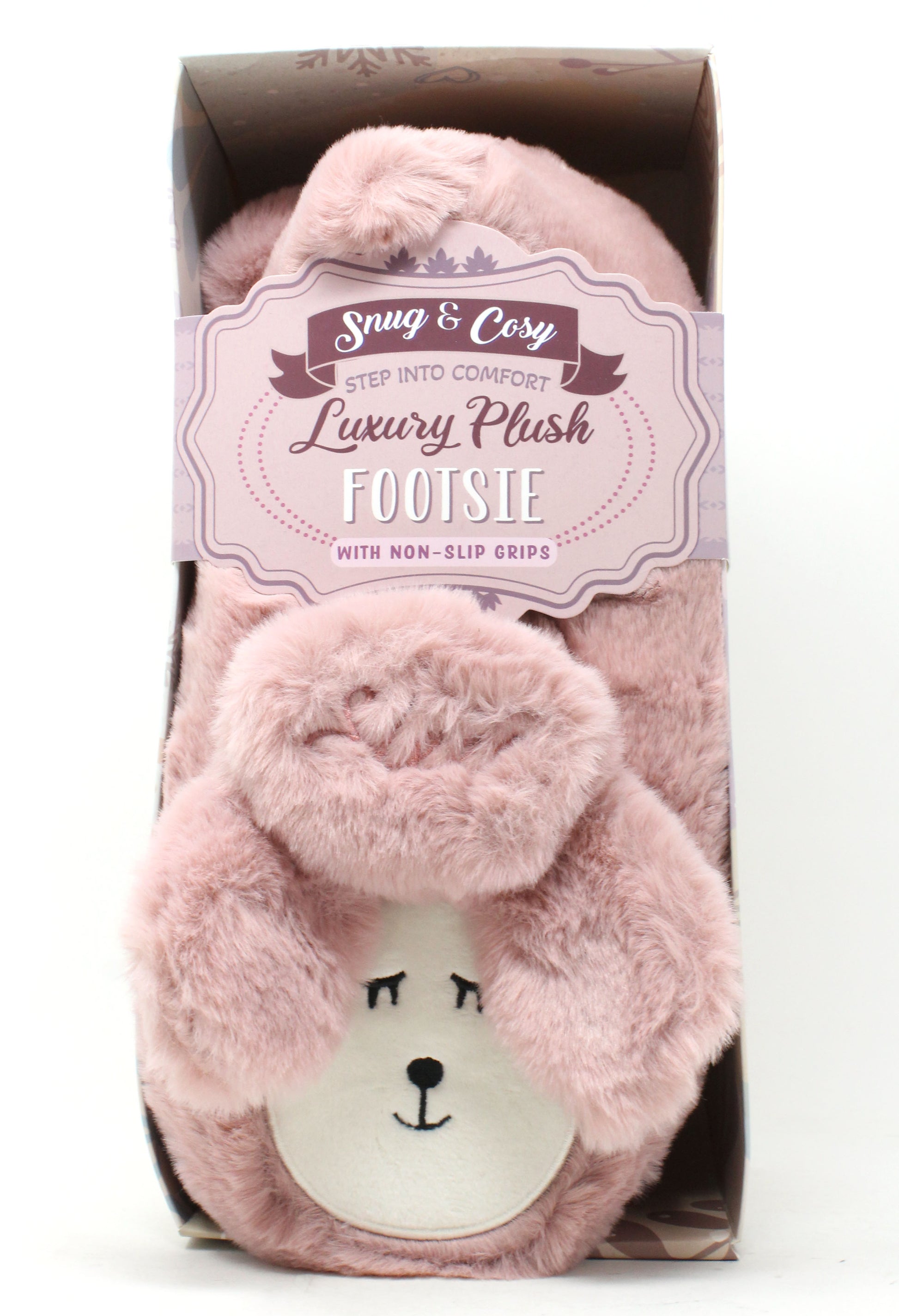 Pink plush footie with a dog face design in packaging, featuring the brand 'Snug & Cosy'.