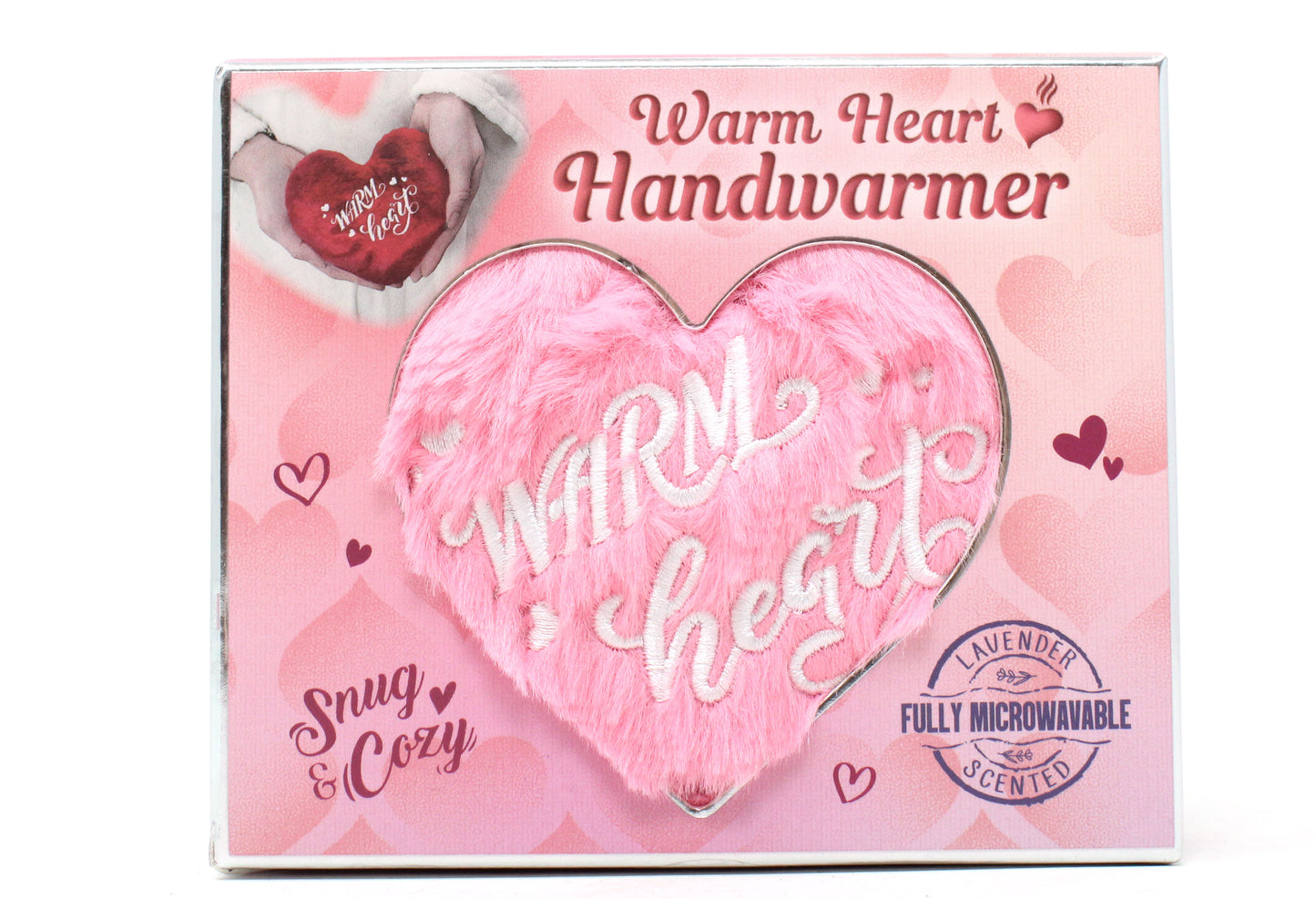 Pink heart-shaped handwarmer with 'Warm Heart' text on a matching packaging box.