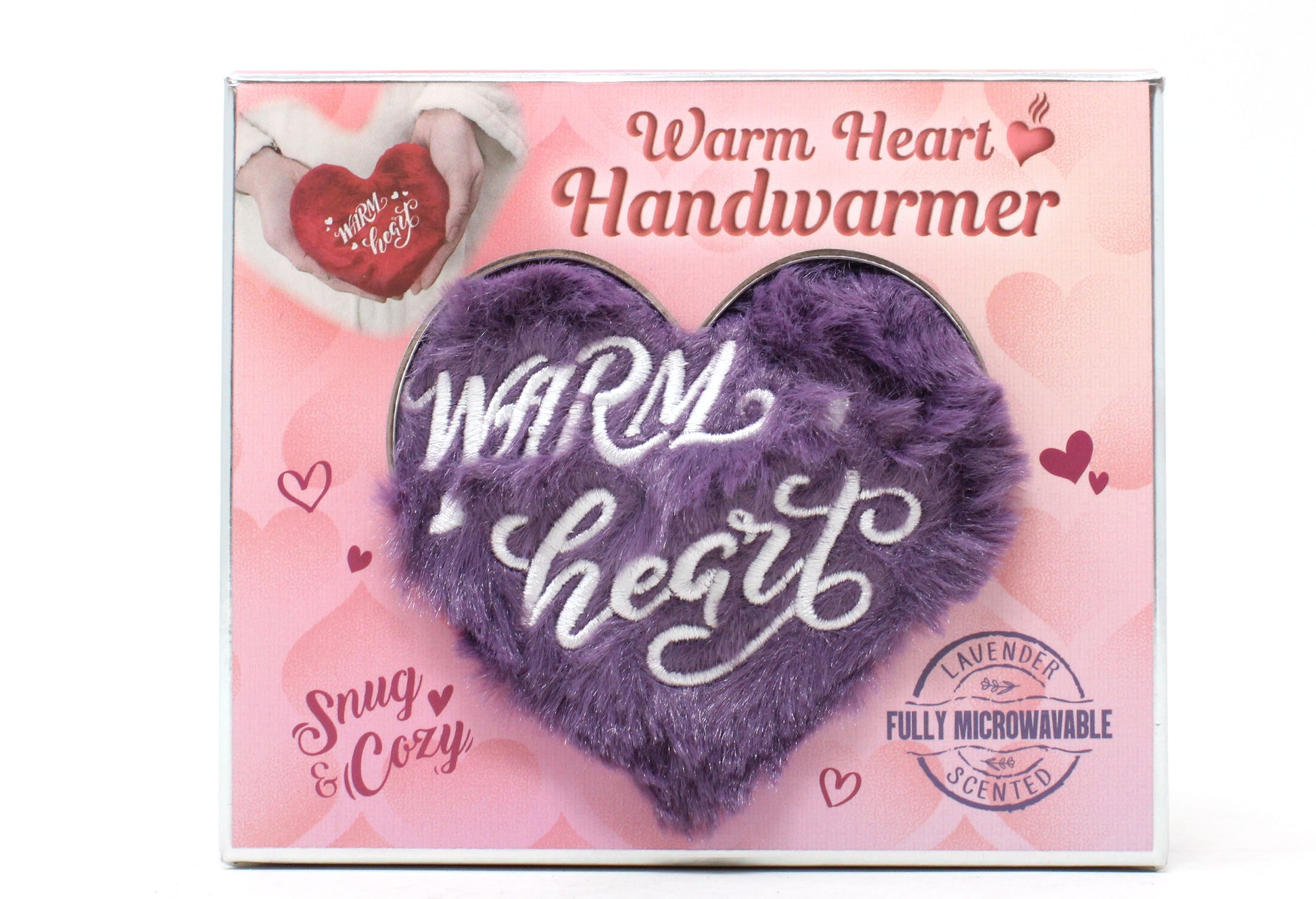 Purple heart-shaped handwarmer with 'Warm Heart' text on a pink packaging background