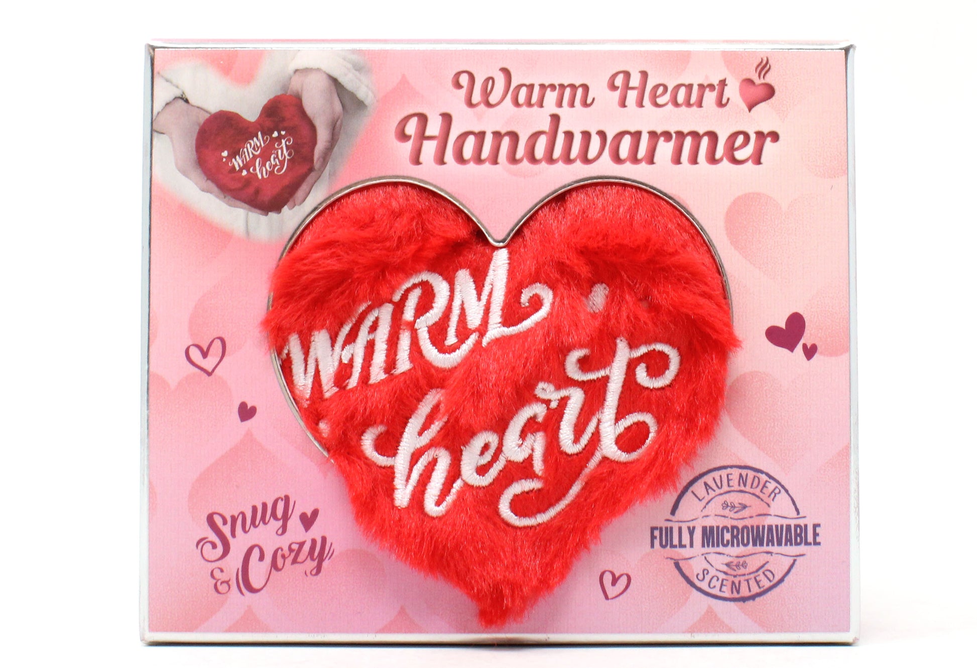Heart-shaped handwarmer with 'Warm Heart' text on a pink packaging background