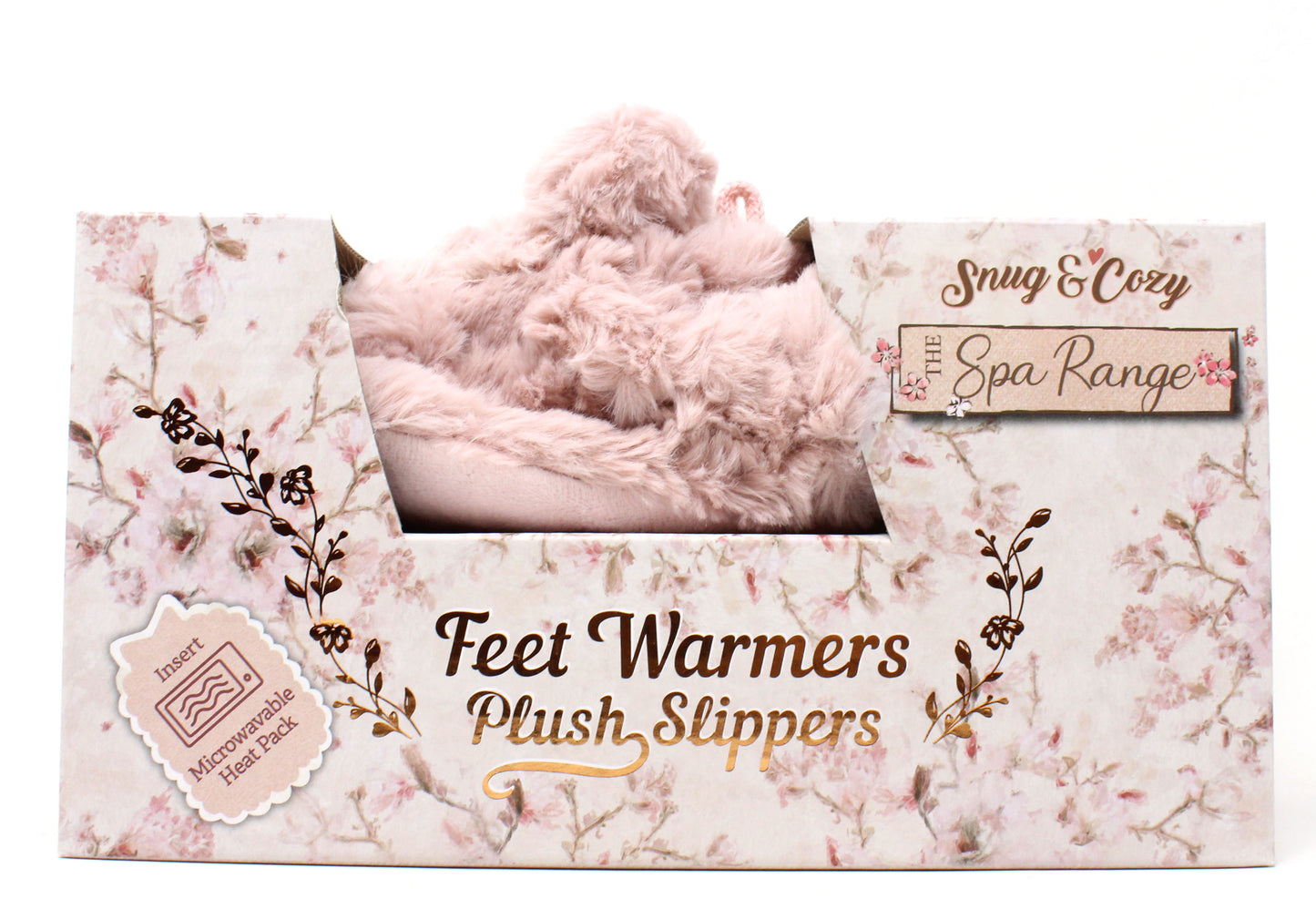 Packaging of Feet Warmers Plush Slippers from the Spa Range with floral design