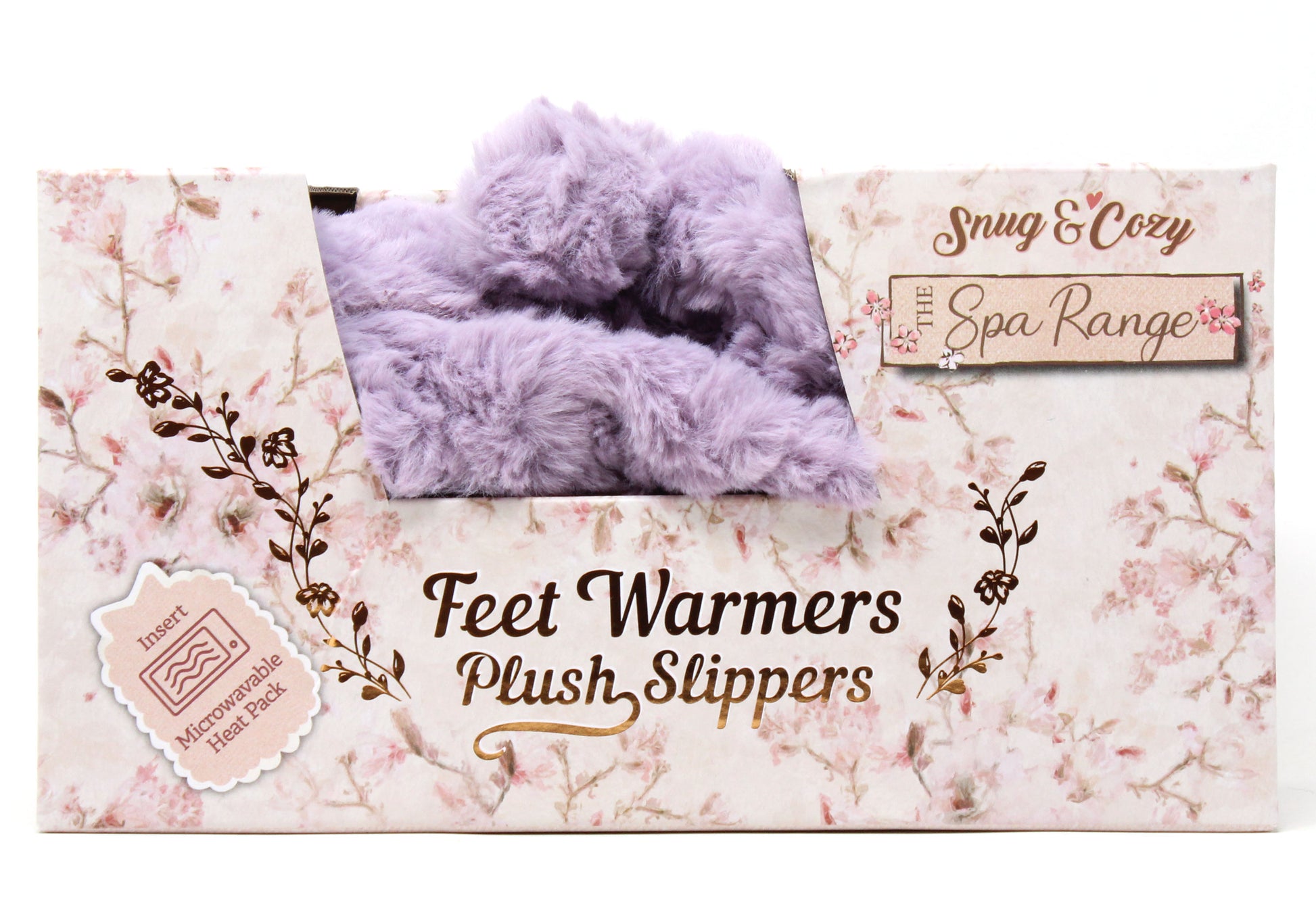 Pack of feet warmers and plush slippers with floral design and text on packaging