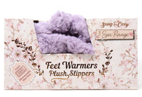 Pack of feet warmers and plush slippers with floral design and text on packaging