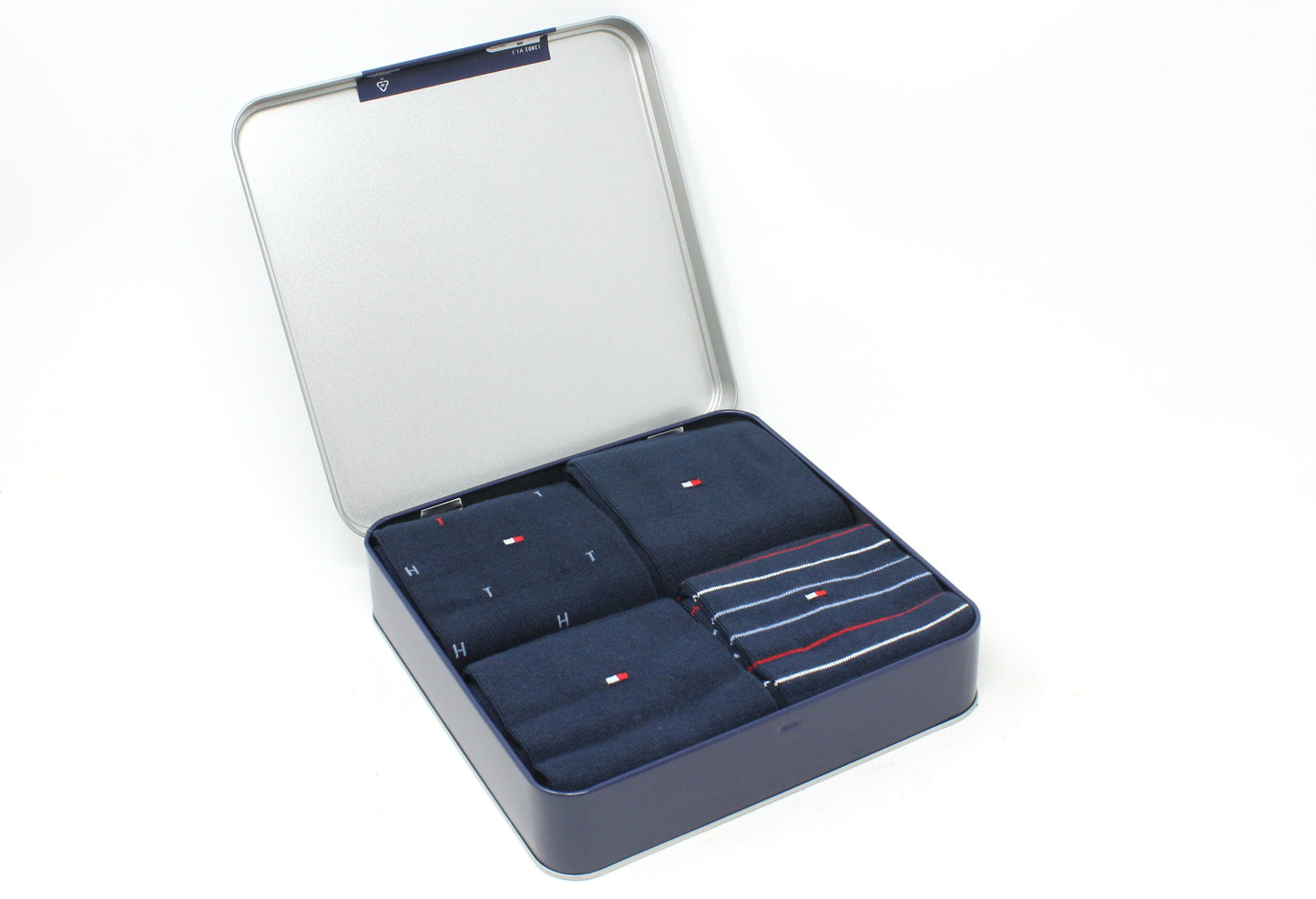 Set of men's dress socks in a branded box on a white background