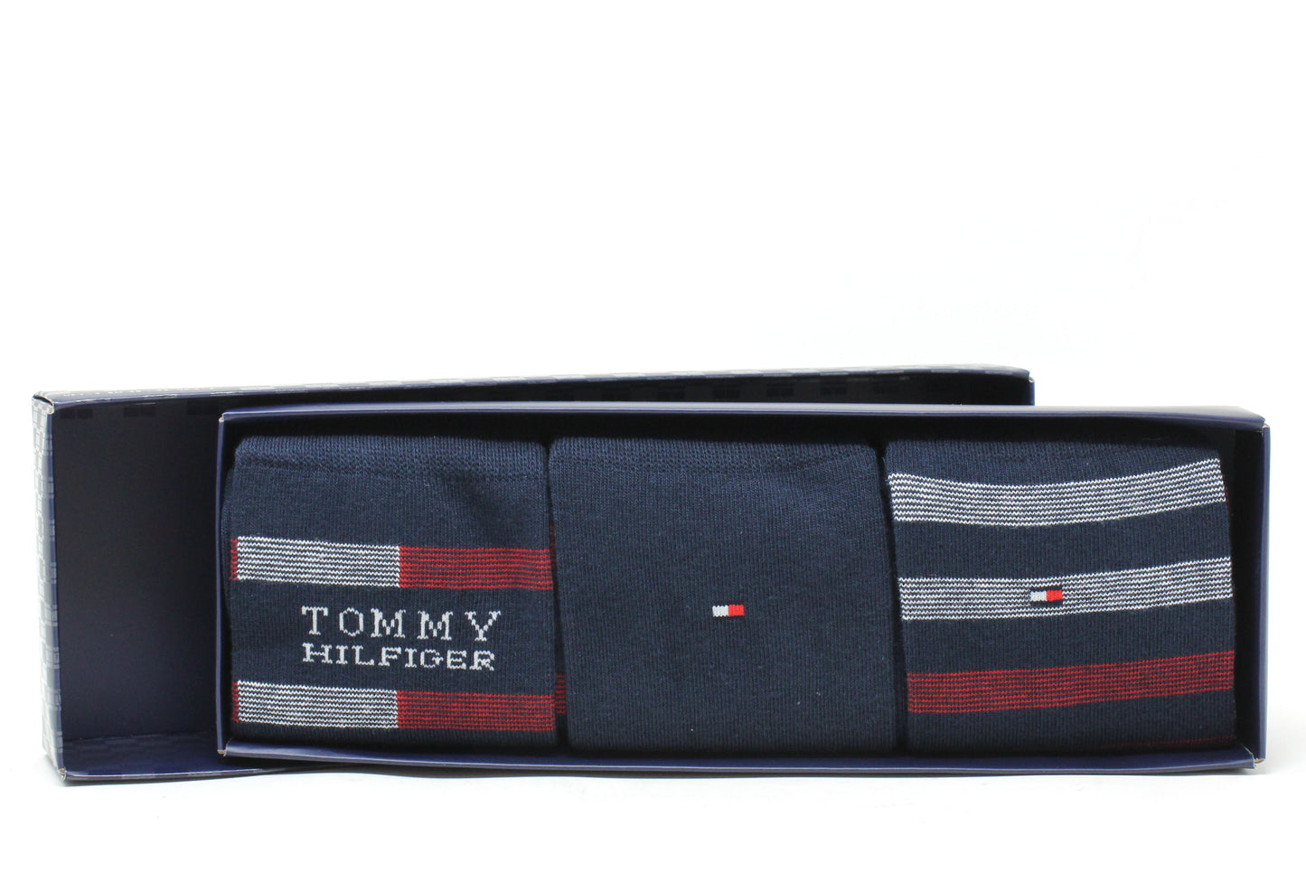 Set of three Tommy Hilfiger socks in a box on a white background