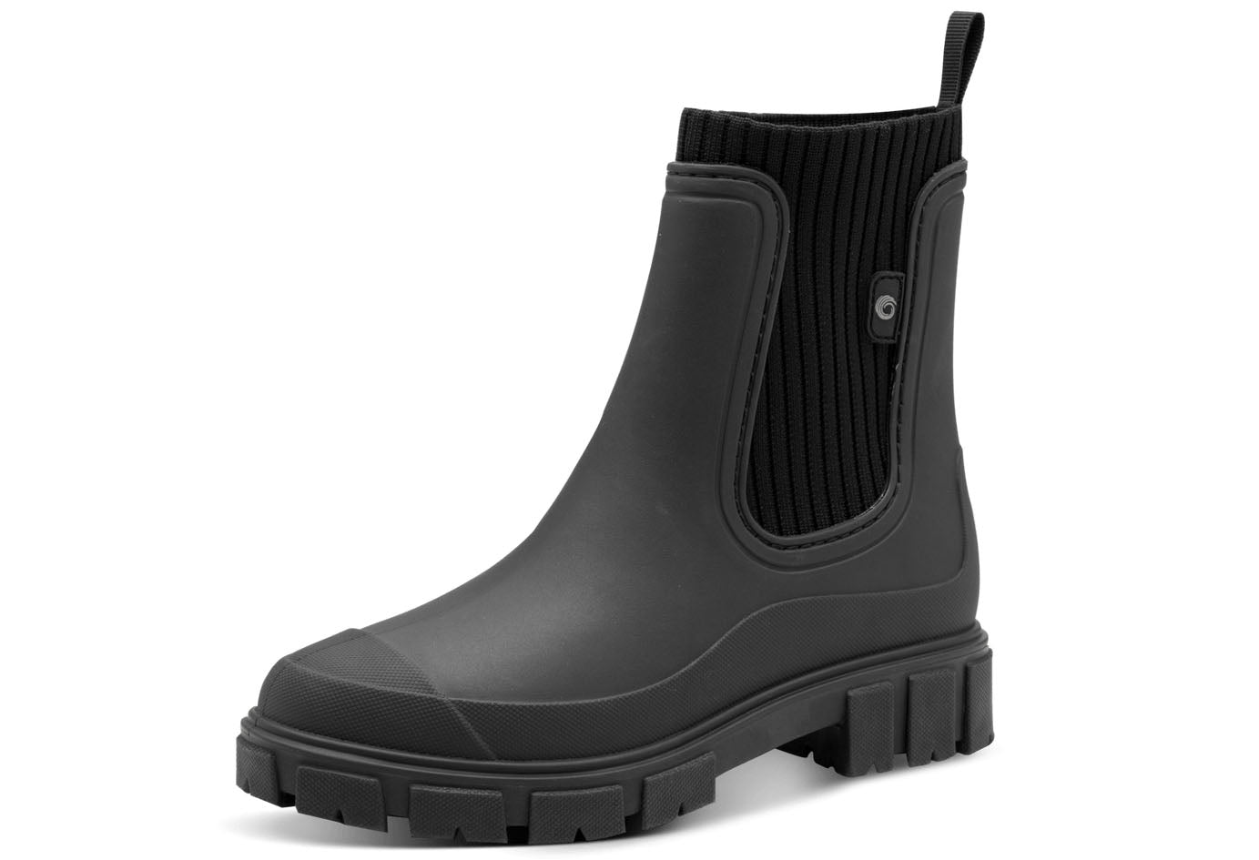 Black rubber boot on a white background