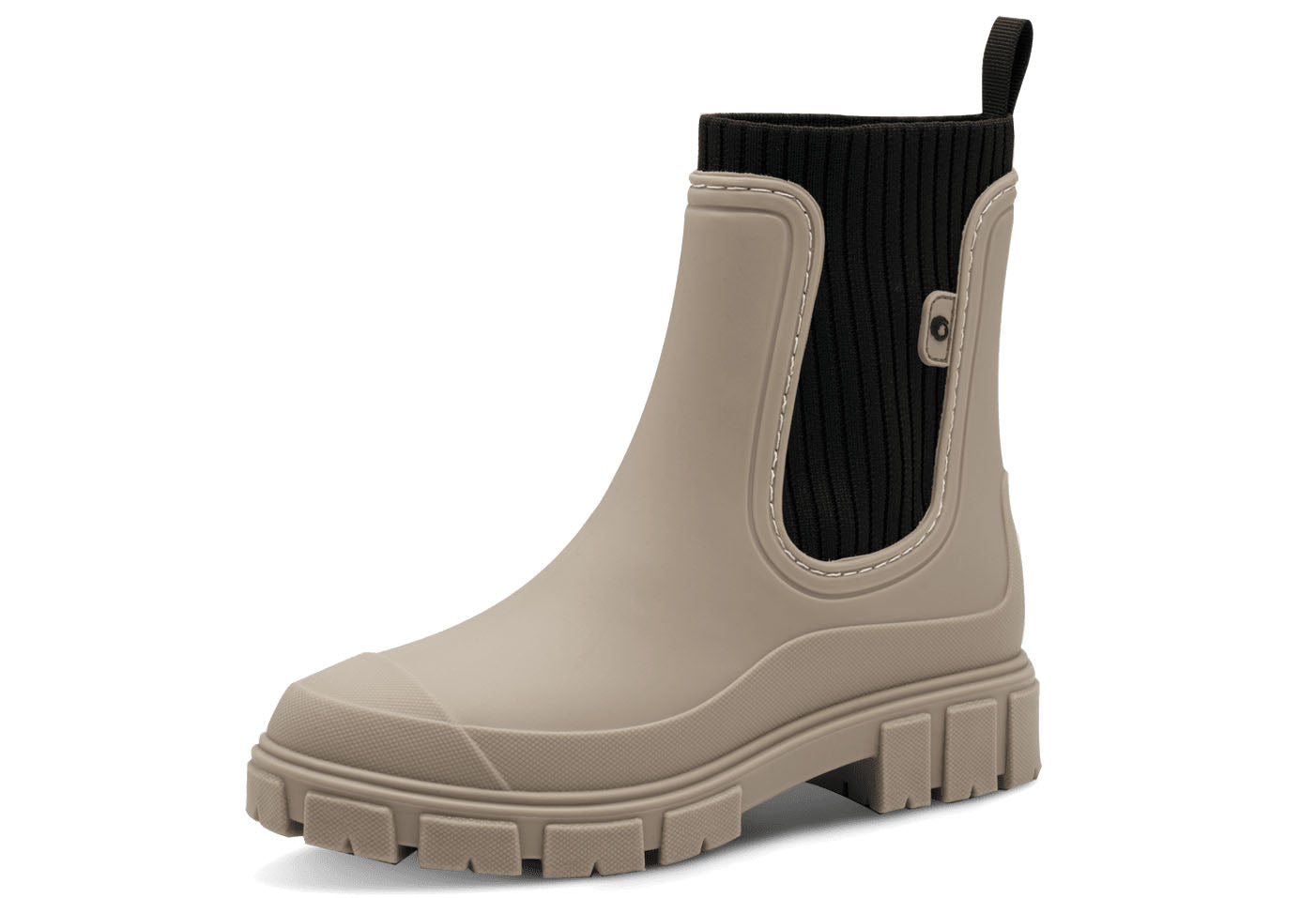 Beige rubber boot with a black inner lining on a white background