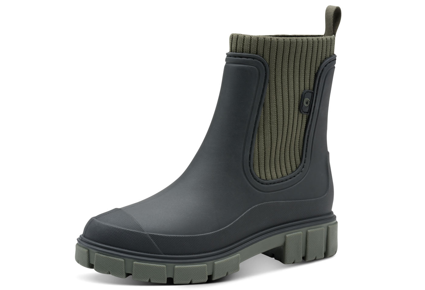 Green rubber boot with a white background