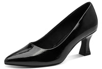 Black patent leather high heel shoe on a white background