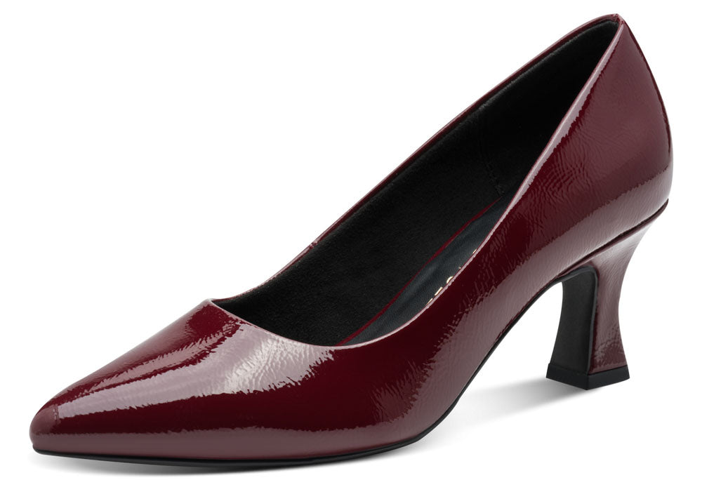 Maroon high-heeled shoe on a white background