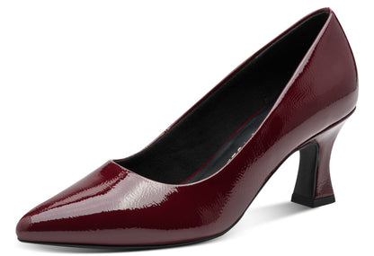 Maroon high-heeled shoe on a white background