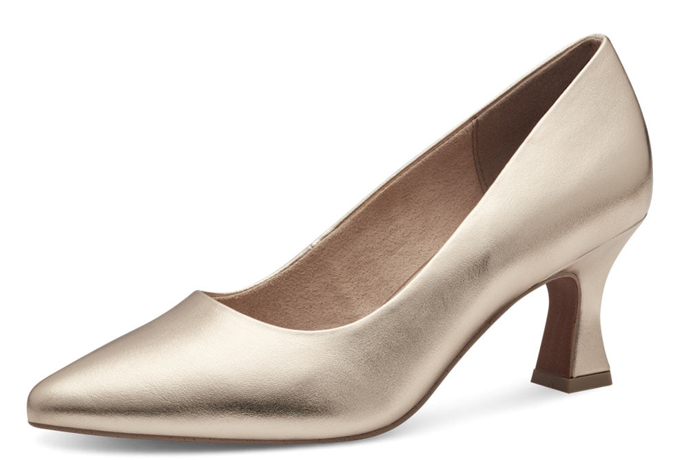 Gold high-heeled shoe on a white background