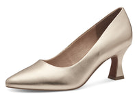 Gold high-heeled shoe on a white background