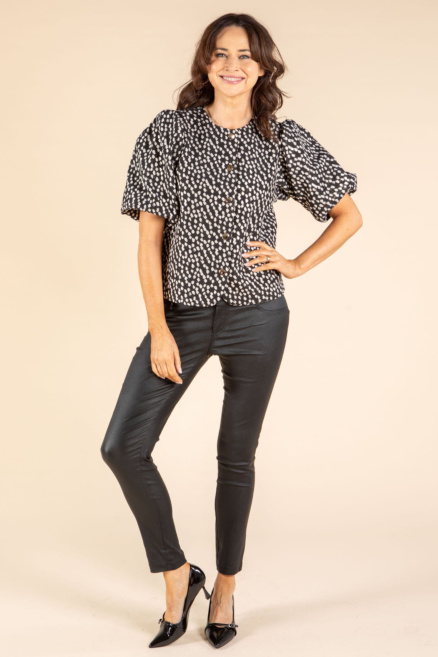 Polka Dot Balloon Sleeve Blouse
