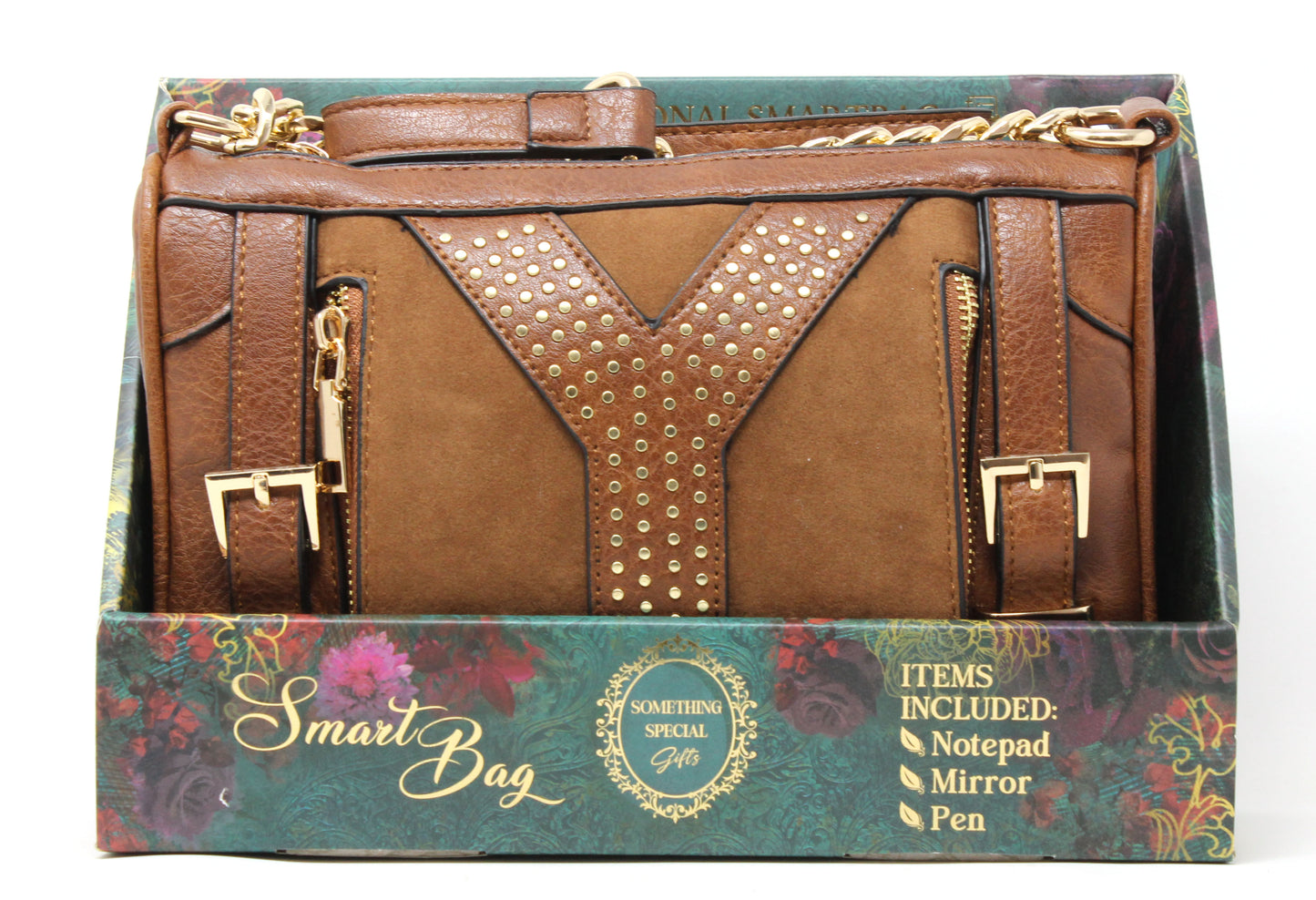 Brown studded handbag with gold accents on a decorative box packaging.