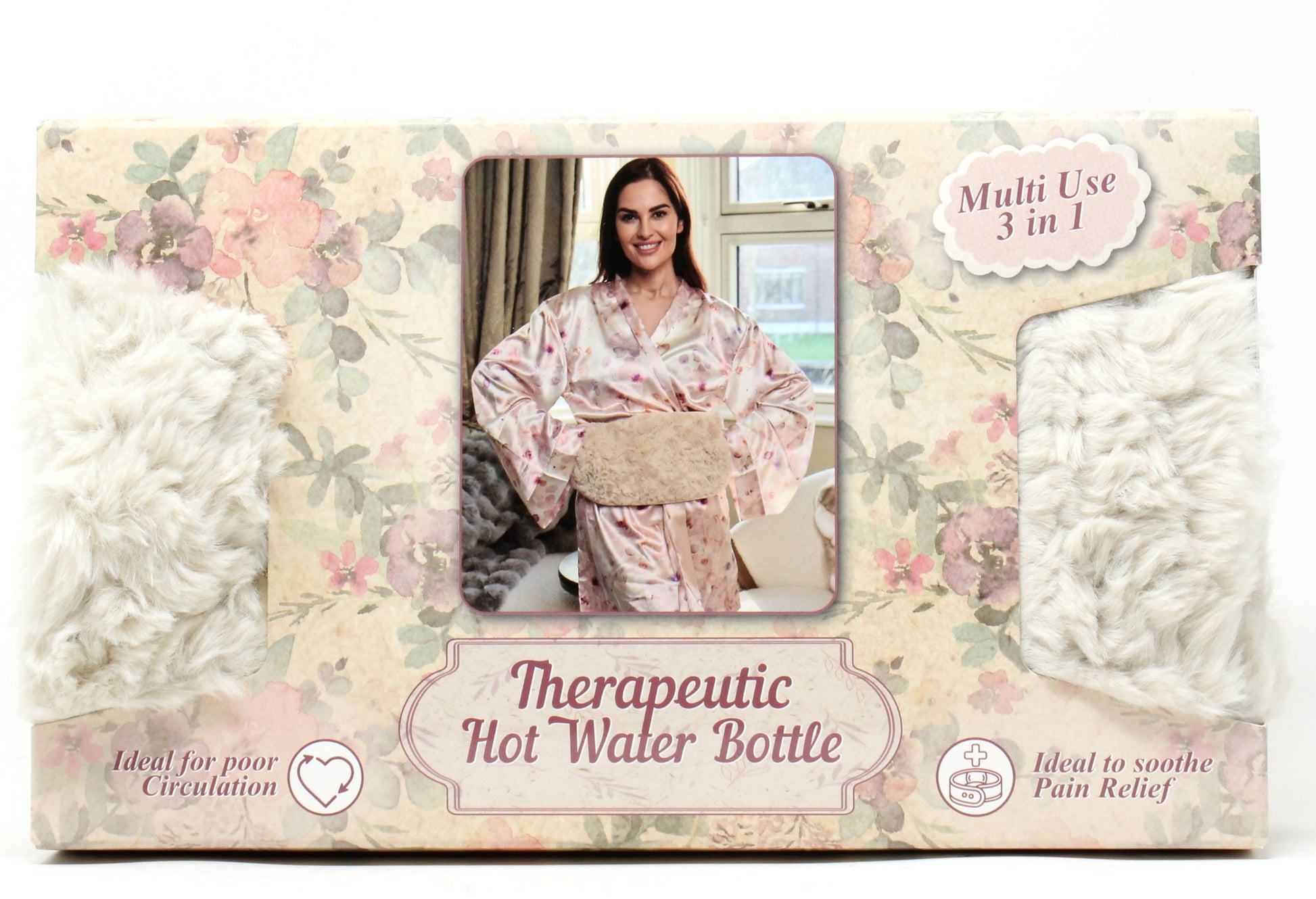 Therapeutic hot water bottle packaging with a woman in pajamas on a floral background