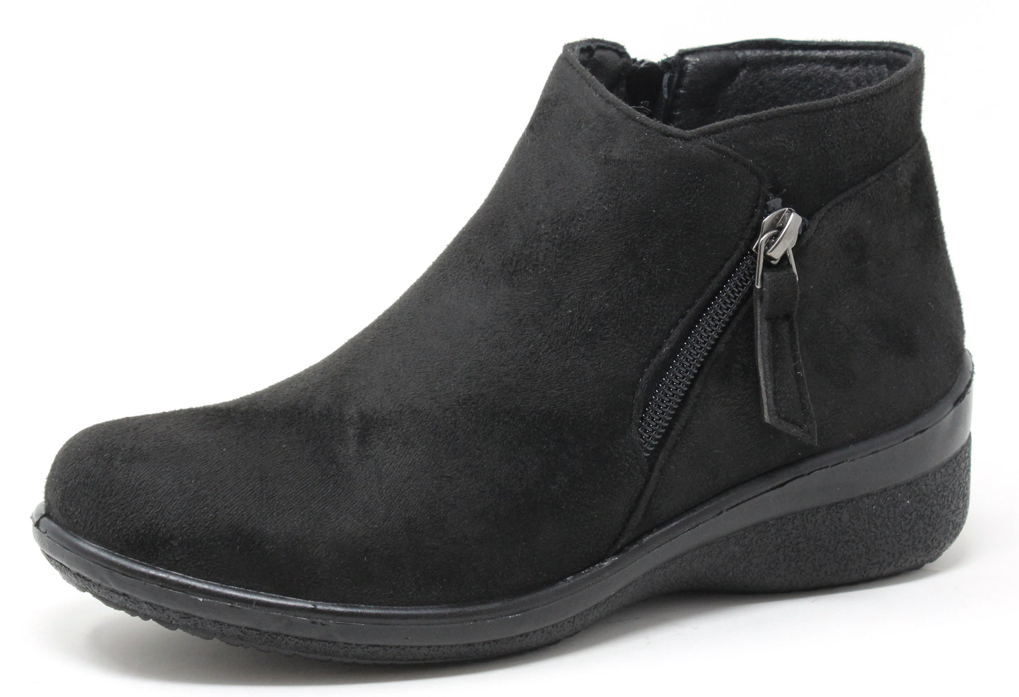 black faux suede boot with zip detail on a white background