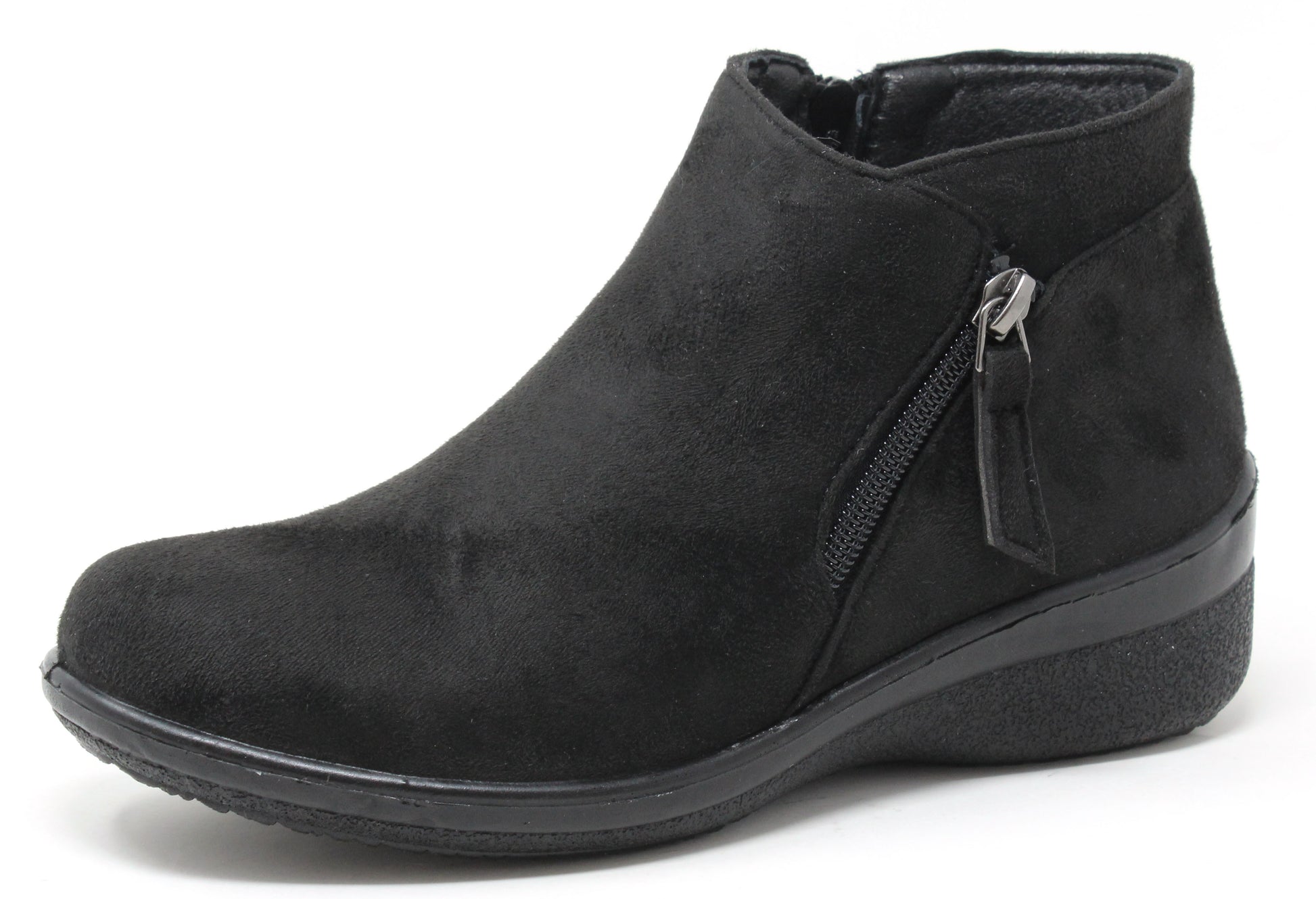 black faux suede boot with zip detail on a white background