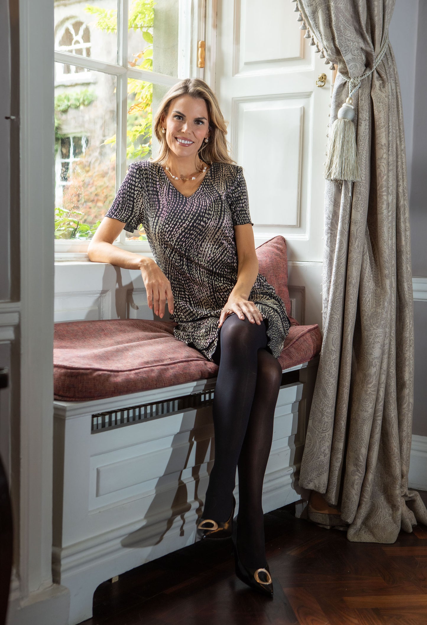 Gold Foil Detail Asymmetrical Tiered Plisse Dress