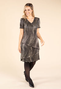 Gold Foil Detail Asymmetrical Tiered Plisse Dress