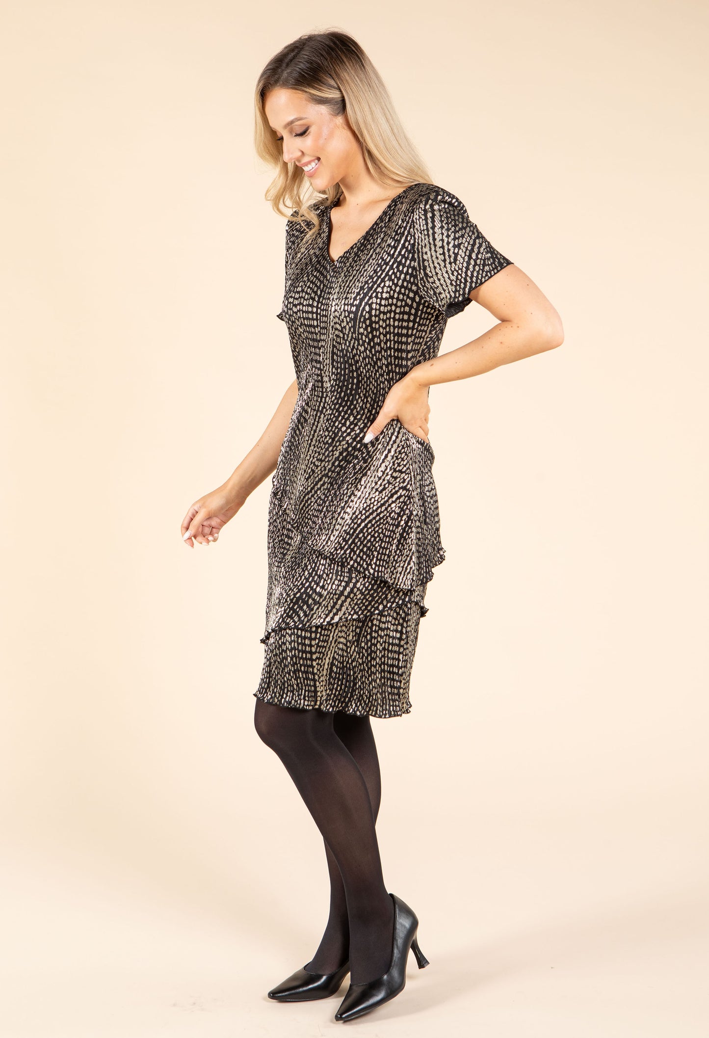 Gold Foil Detail Asymmetrical Tiered Plisse Dress