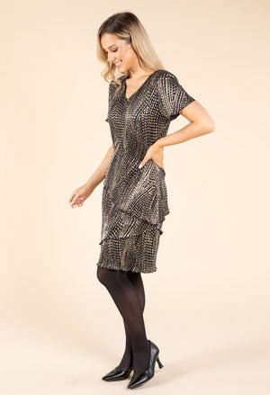 Gold Foil Detail Asymmetrical Tiered Plisse Dress