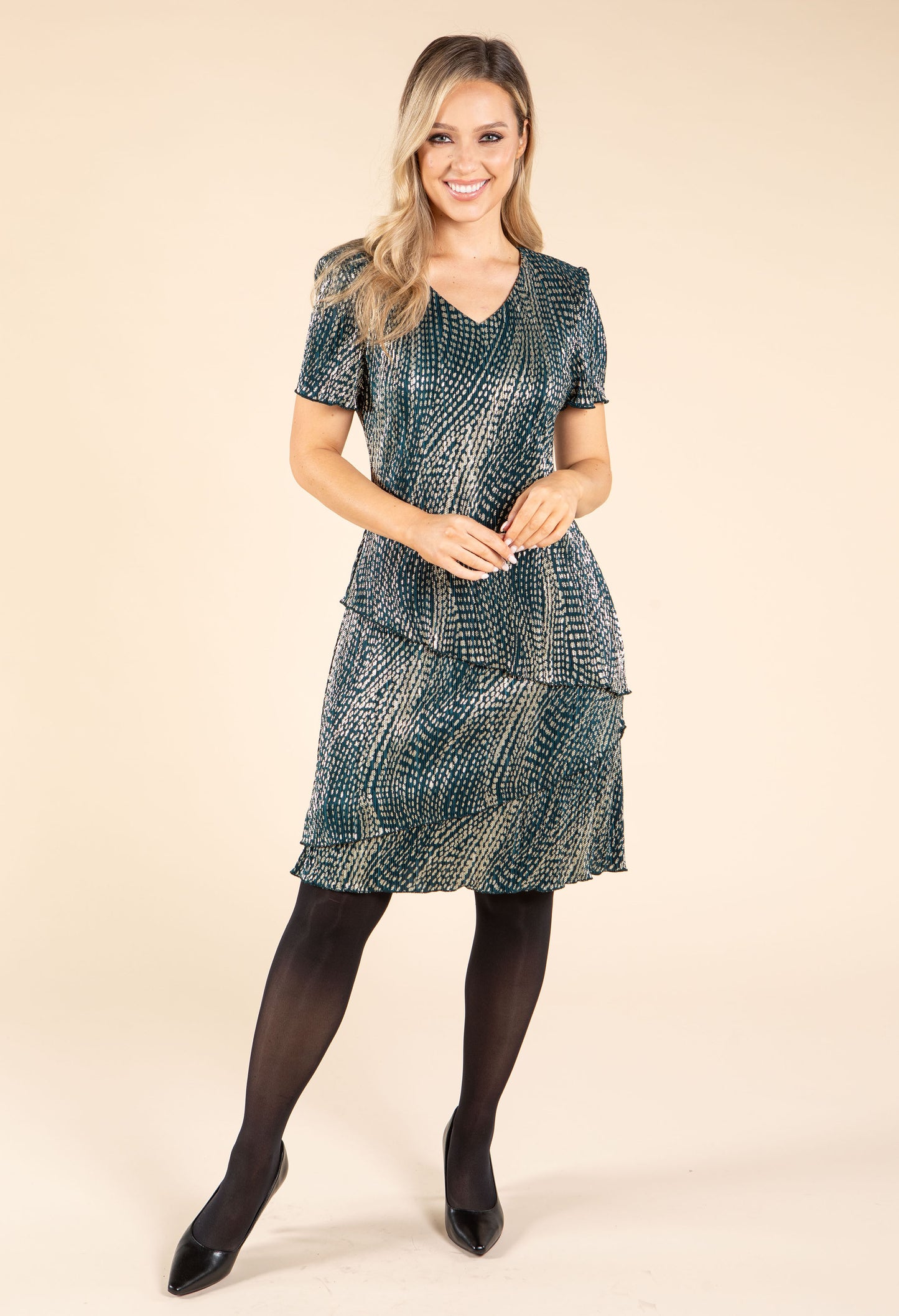 Gold Foil Detail Asymmetrical Tiered Plisse Dress