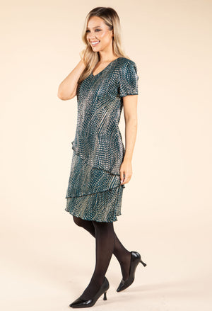 Gold Foil Detail Asymmetrical Tiered Plisse Dress