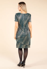 Gold Foil Detail Asymmetrical Tiered Plisse Dress
