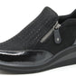 Black slip-on shoe with a zipper on a white background