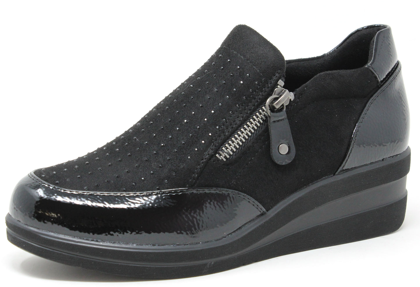 Black slip-on shoe with a zipper on a white background